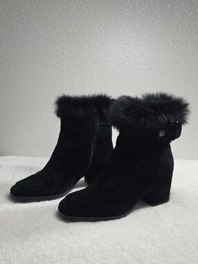 Aquatalia Rabbit Fur-Trim & Shearling Lined  Suede Ankle Boots Ladies 5.5 Vguc